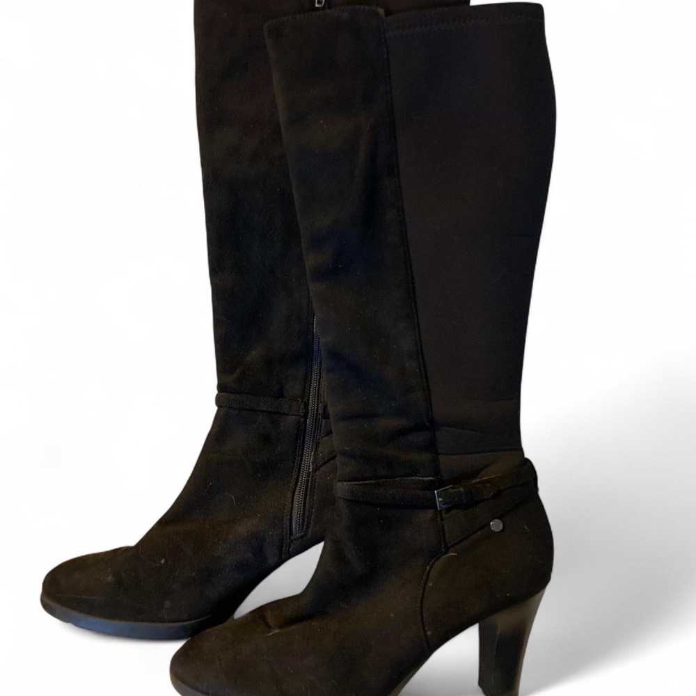 Black suede knee-high boots by Dana Buchman